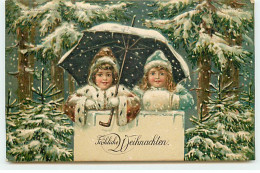 N°21779 - Carte Gaufrée - Fröhliche Weihnachten - Enfants Sous Un Parapluie Pour Se Protéger De La Neige - Altri & Non Classificati