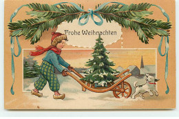 N°21780 - Carte Gaufrée - Fröhe Weihnachten - Garçon Transportant Un Sapin Dans Une Brouette, Près D'un Chien - Sonstige & Ohne Zuordnung