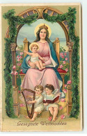 N°21783 - Carte Gaufrée - Gesegnete Weihnachten - Anges, L'un Jouant De La Harpe Au Pied De Marie Portant Jésus - Other & Unclassified
