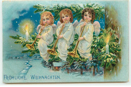 N°21781 - Carte Gaufrée - Fröhliche Weihnachten - Anges Soufflant Dans Des Trompettes - Altri & Non Classificati