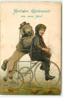 N°21790 - Carte Gaufrée - Herzlichen Glückwunsch Zum Neuen Jahre - Ramoneur Sur Un Vélo, Avec Un Chien - Neujahr