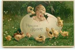 N°21768 - Carte Gaufrée - Fröhliche Ostern - Poussins Autour D'un Bébé Assis Dans Un Oeuf - Pâques