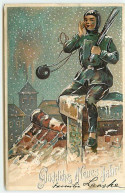 N°21829 - Carte Gaufrée - Glückliches Neues Jahr - Ramoneur Sous La Neige, Assis Sur Une Cheminée - Neujahr