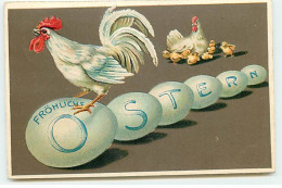 N°21840 - Carte Gaufrée - Fröhliche Ostern - Un Coq Sur Des Oeufs, Sous Le Regard D'une Poule Et Ses Poussins - Pasen