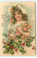 N°21734 - Carte Gaufrée - Best Wishes For Chirstmas - Fillette Tenant Des Roses Et Du Houx - Other & Unclassified