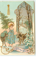N°21733 - Carte Gaufrée - Joyeux Noël - Fillette Entourée De Faons - Autres & Non Classés