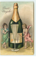 N°21728 - Carte Gaufrée -Prosit Neujahr - Anges, Dont Cupidon Autour D'une Bouteille De Champagne - Nieuwjaar