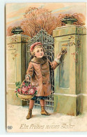 N°21727 - Carte Gaufrée - Ein Frohes Neues Jahr - Enfant Portant Un Panier Rempli De Roses Sonnant à Une Maison - Nouvel An