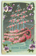 N°20733 - Carte Gaufrée - Bonne Année - Bateau Décoré De Guirlande De Roses - Nieuwjaar