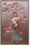 N°20705 - Carte En Relief - Heureux Anniversaire - Jeune Femme Portant Un Agneau Et Une Rose - Verjaardag