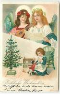 N°20689 - Carte Gaufrée - Frohliche Weihnachten - Fillette Jouant Avec Sa Poupée - Anges Gardiens Chantant - Autres & Non Classés