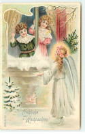 N°20684 - Carte Gaufrée - Frohliche Weihnachten - Enfants à La Fenêtre Et Ange Gardien - Other & Unclassified