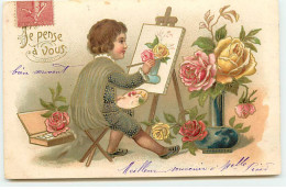 N°19594 - Carte Gaufrée - Je Pense à Vous - Enfant Peignant Des Roses Dans Un Vase - Andere & Zonder Classificatie