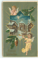 N°19529 - Carte Gaufrée - Fröhliche Weihnachten - Anges Autour D'un Village - Other & Unclassified