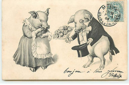 N°19543 - Cochon En Costume Et Portant Un Monocle, Offrant Un Bouquet De Roses - Animaux Habillés