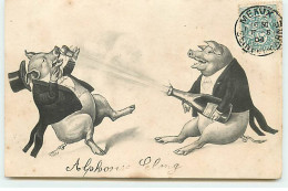 N°19544 - Cochon En Costume Débouchant Une Bouteille De Champagne - Animaux Habillés