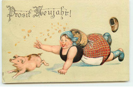 N°19535 - Carte Gaufrée - Prosit Neujahr ! - Femme Tombée Par Terre Voulant Attraper Un Cochon - Nieuwjaar