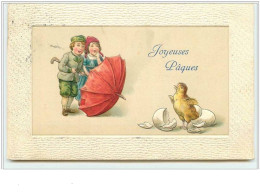 N°3078 - Carte Gaufree - Joyeuse Paques - Ennfants Se Protegeant Avec Un Parapluie - Pâques