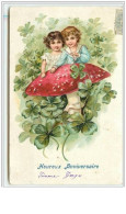 N°3041 - Carte Gaufrée - Heureux Anniversaire - Couple D'enfants Et Champignon - Verjaardag