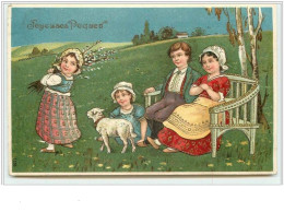 N°3038 - Carte Gaufrée - Joyeuses Pâques - Couple Assis Regardant Des Enfants - Pâques