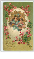 N°3039 - Carte Gaufrée - Joyeuses Pâques - Couple D'enfants Dans Un Oeuf - Fleurs Rouges - Pâques