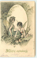 N°17476 - Carte Gaufrée - Veselé Velikonoce - Cupidon Et Une Fée Veillant Sur Des Lapins - Pâques