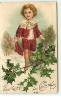 N°18475 - Carte Gaufrée - Clapsaddle - Best Wishes For Christmas - Garçon Et Houx - Autres & Non Classés