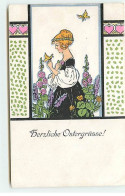 N°18483 - Herzliche Ostergrüsse - Jeune Femme Dans Un Jardin Avec Un Papillon Sur La Main - Pâques