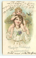 N°17483 - Carte Gaufrée - Ange Sur Les épaules D'une Jeune Femme, Hirondelle - Nouvel An