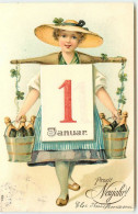 N°15237 - Carte Gaufrée - Prosit Neujahr - 1 Januar - Femme Portant Des Bouteilles De Champagne Dans Des Seaux - Nouvel An