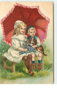 N°12939 - Carte Gaufrée - Enfants Sous Une Ombrelle Avec Un Chien - Sonstige & Ohne Zuordnung