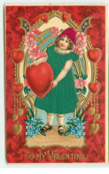 N°17491 - Carte Gaufrée - To My Valentine - Fillette Entourée De Coeurs (robe En Tissu) - Saint-Valentin