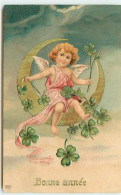 N°15240 - Carte Gaufrée - Bonne Année - Angelot Assis Sur Une Lune - Nouvel An