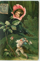 N°12949 - Carte Gaufrée - Amitié - Lutin Avec Une Hache Voulant Couper Une Rose Avec Une Tête D'enfant - Sonstige & Ohne Zuordnung