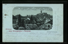 Lithographie Königstein /Taunus, Frankfurter Strasse Mit Gasthof Stadt Wiesbaden Und Burg  - Wiesbaden