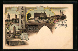 Lithographie Jüterbog, Rathaus Und Kriegerdenkmal, Zinnaer Thor, Stadttürme  - Jueterbog