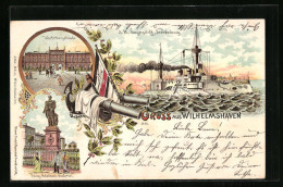 Lithographie Wilhelmshaven, Werfttorgebäude, S. M. Panzerschiff Brandenburg, Prinz-Adalbert-Denkmal  - Wilhelmshaven