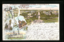 Lithographie Wilhelmshaven, Adalbertstrasse, Rathaus, SM Panzerschiff König Wilhelm  - Wilhelmshaven