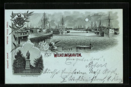 Mondschein-Lithographie Wilhelmshaven, Kaiser Wilhelm-Denkmal, Ausrüstungshafen  - Wilhelmshaven
