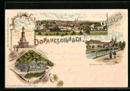 Lithographie Donaueschingen, Schützenbrücke Und Stadtkirche, Kaiser-Brunnen, Donauquelle  - Donaueschingen