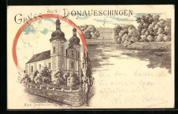 Lithographie Donaueschingen, Pfaueninsel, Kath. Stadtkirche  - Donaueschingen