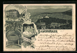 Lithographie Badenweiler, Totalansicht Mit Marmorbad Und Restauration Meissburger  - Badenweiler