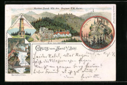 Lithographie Bühl B. Baden, Kurhotel Sand, Bärenstein, Gertelbachfälle  - Bühl