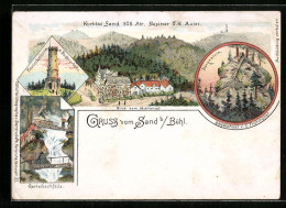 Lithographie Bühl / Baden, Hotel Sand, Bärenstein, Gertelbachfälle, Friedrichturm  - Buehl