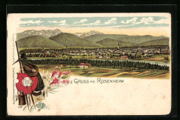 Lithographie Rosenheim, Gruss Mit Dem Panorama Der Stadt  - Rosenheim
