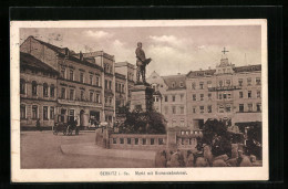 AK Sebnitz I. Sa., Markt Mit Kaffeerösterei Von Gustav Hantusch Und Bismarckdenkmal  - Sebnitz