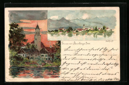 Lithographie Seeshaupt /Starnberger See, Kirche Und Blick Auf Den Ort  - Starnberg