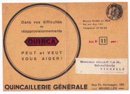Carte Publicitaire Bruxelles 1940 Belgique Quinca Quincaillerie Générale Wuilbaut Péruwelz - Lettres & Documents