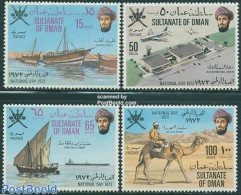 Oman 1973 National Day 4v, Mint NH, Nature - Transport - Camels - Aircraft & Aviation - Ships And Boats - Vliegtuigen