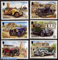 Jersey 1989 Antique Cars 6v, Mint NH, Nature - Transport - Various - Horses - Automobiles - Coaches - Agriculture - Auto's